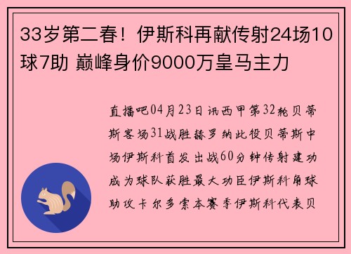 33岁第二春！伊斯科再献传射24场10球7助 巅峰身价9000万皇马主力