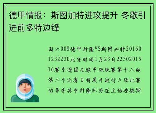 德甲情报：斯图加特进攻提升 冬歇引进前多特边锋