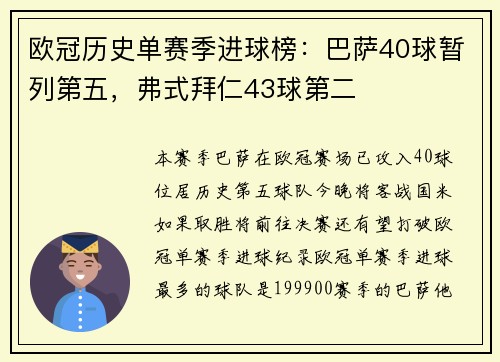 欧冠历史单赛季进球榜：巴萨40球暂列第五，弗式拜仁43球第二