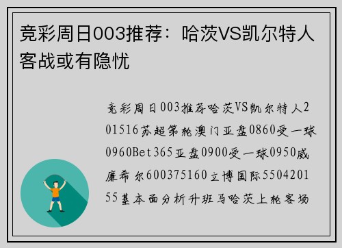 竞彩周日003推荐：哈茨VS凯尔特人 客战或有隐忧